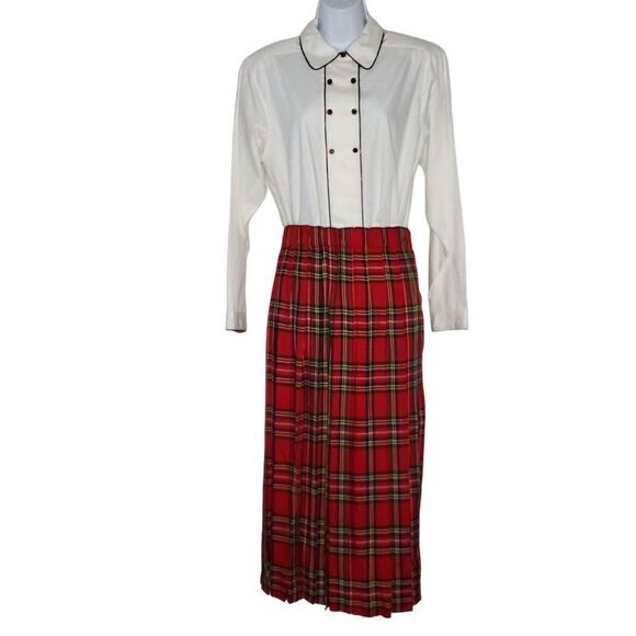Vtg Bechamel Plaid Pleated Maxi Skirt Button Up Shirt Set Sz 12 Christmas Red - Picture 1 of 9